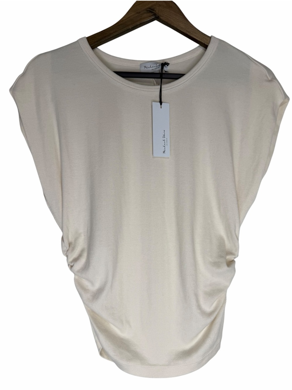 NWT Michael Stars Joni Power Shoulder Tee size PM Chalk Beige Ultra Rib Top